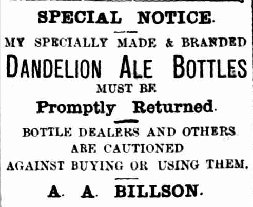 Billsons Dandelion Ale Bottle Advertisement