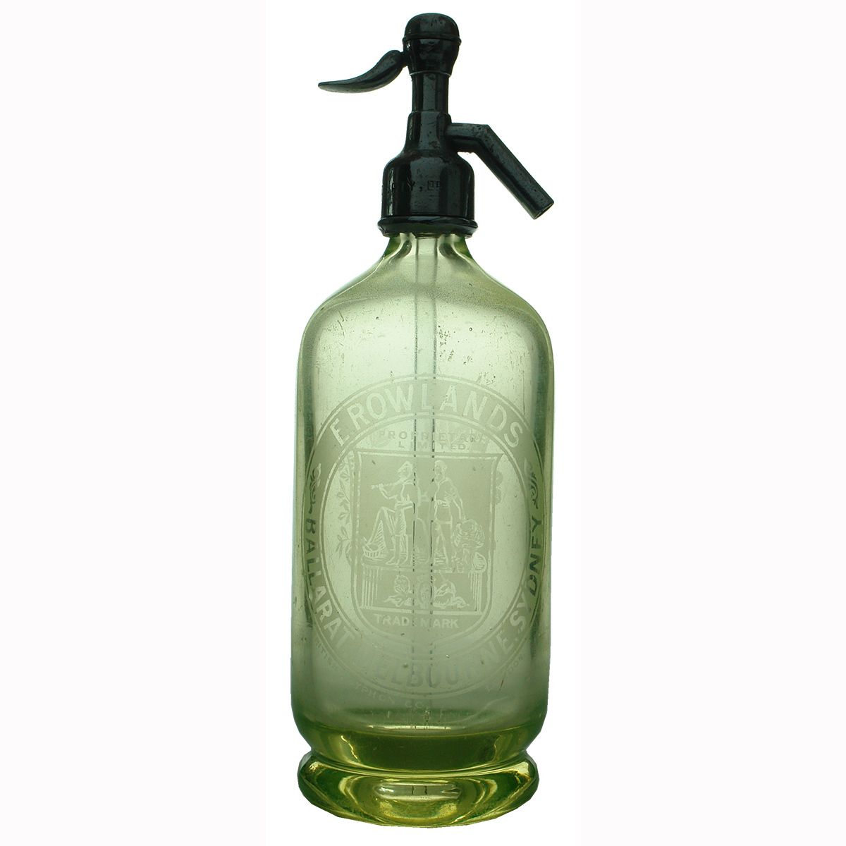 Soda Syphon. E. Rowlands, Ballarat Melbourne & Sydney. Lime Green. Uranium Glass. (Victoria & New South Wales)