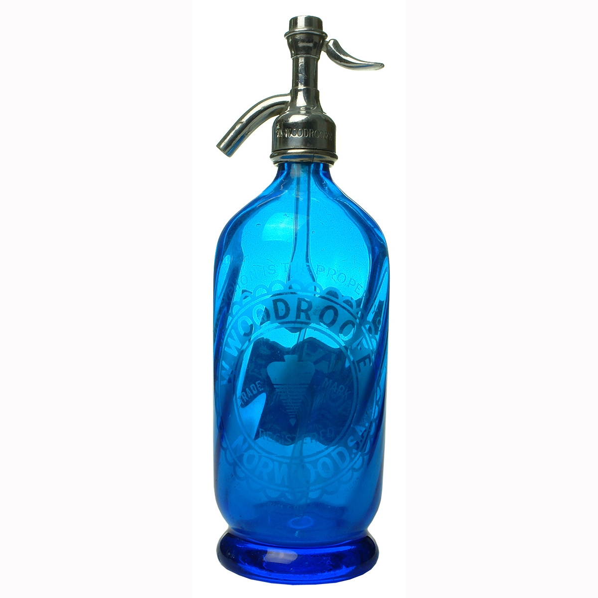 Soda Syphon. W. Woodroofe Norwood. Spinning Top. Mid Blue. (South Australia)