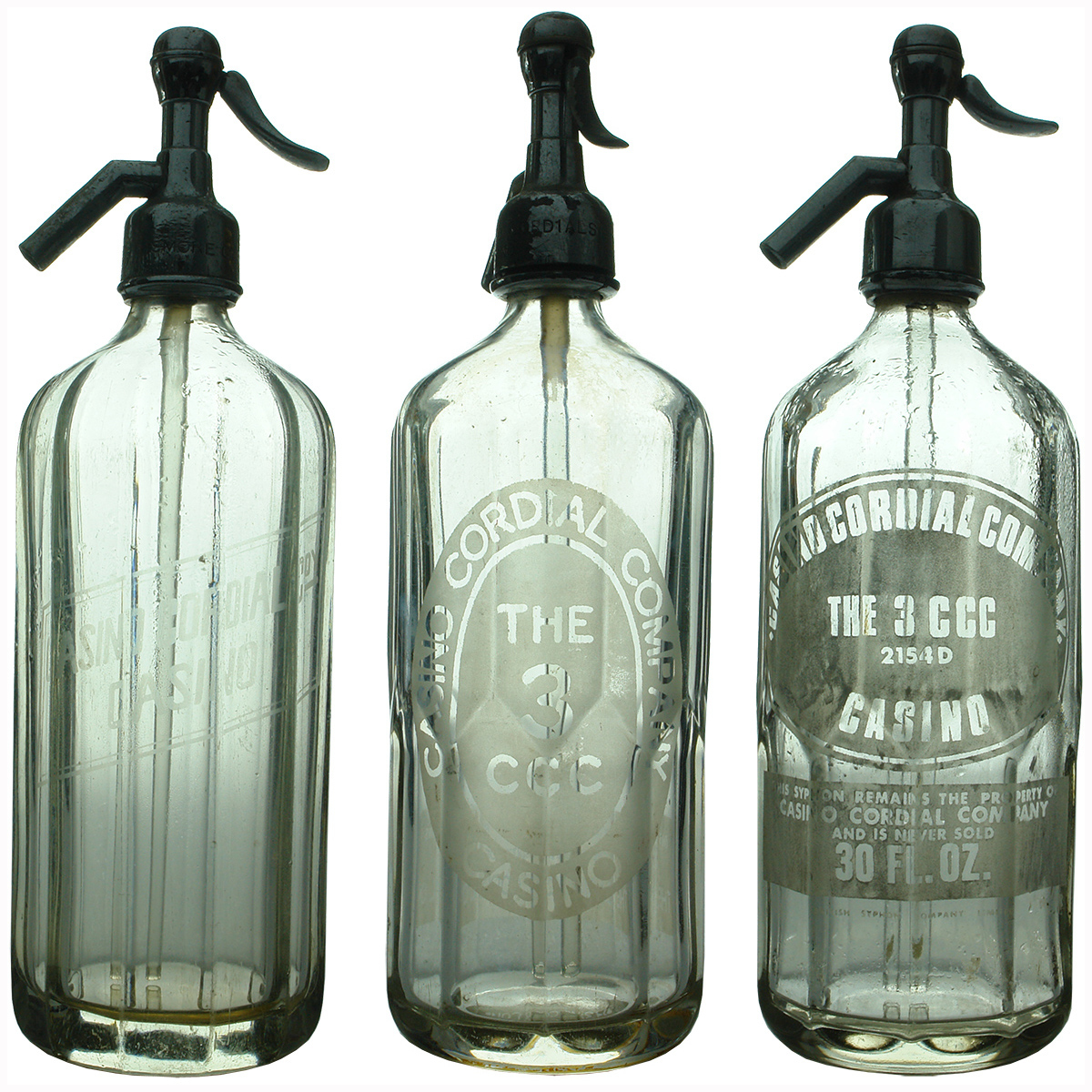 3 Soda Syphons. All different Casino Cordial Company, Casino. (New South Wales)