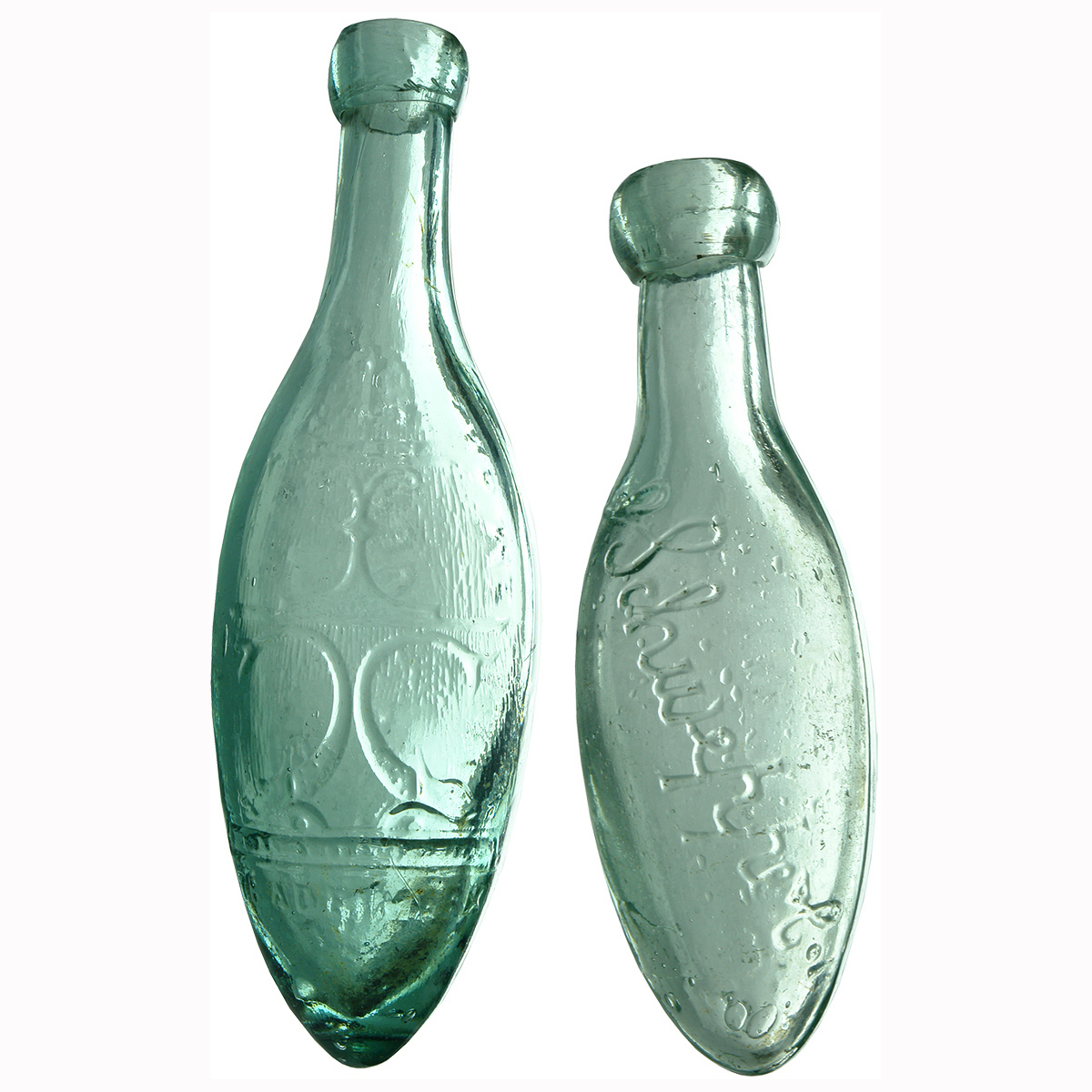 2 J. Schweppe & Co Ld Torpedo Bottles. Pictorial with fountain and small with script writing.