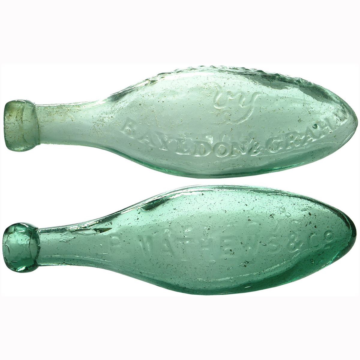 2 Geelong torpedo Bottles. P. Mathews & Co; Imported by Bayldon & Graham. (Victoria)