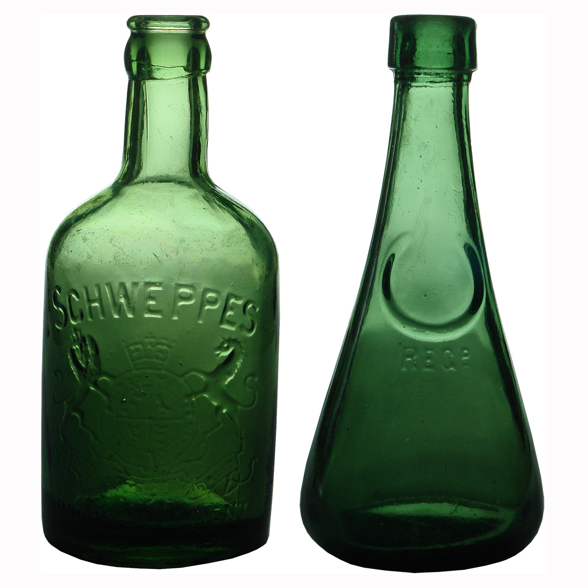 2 small Green Schweppes Soft Drink and Cordial Bottles