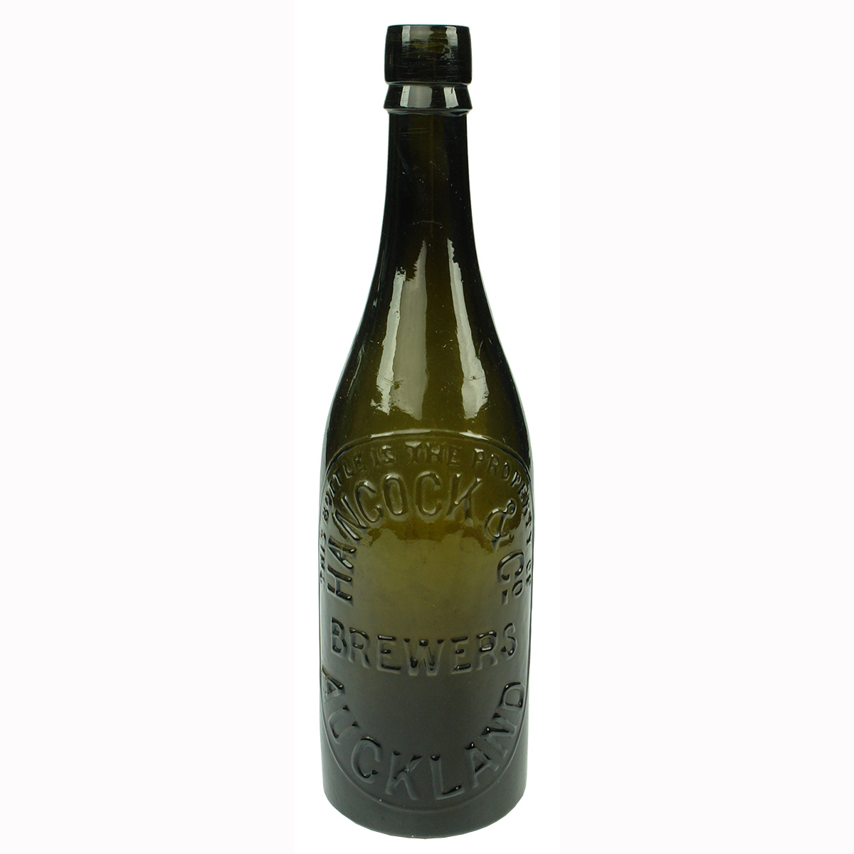 Beer. Hancock & Co., Auckland. Internal Thread. Black Glass. (New Zealand)