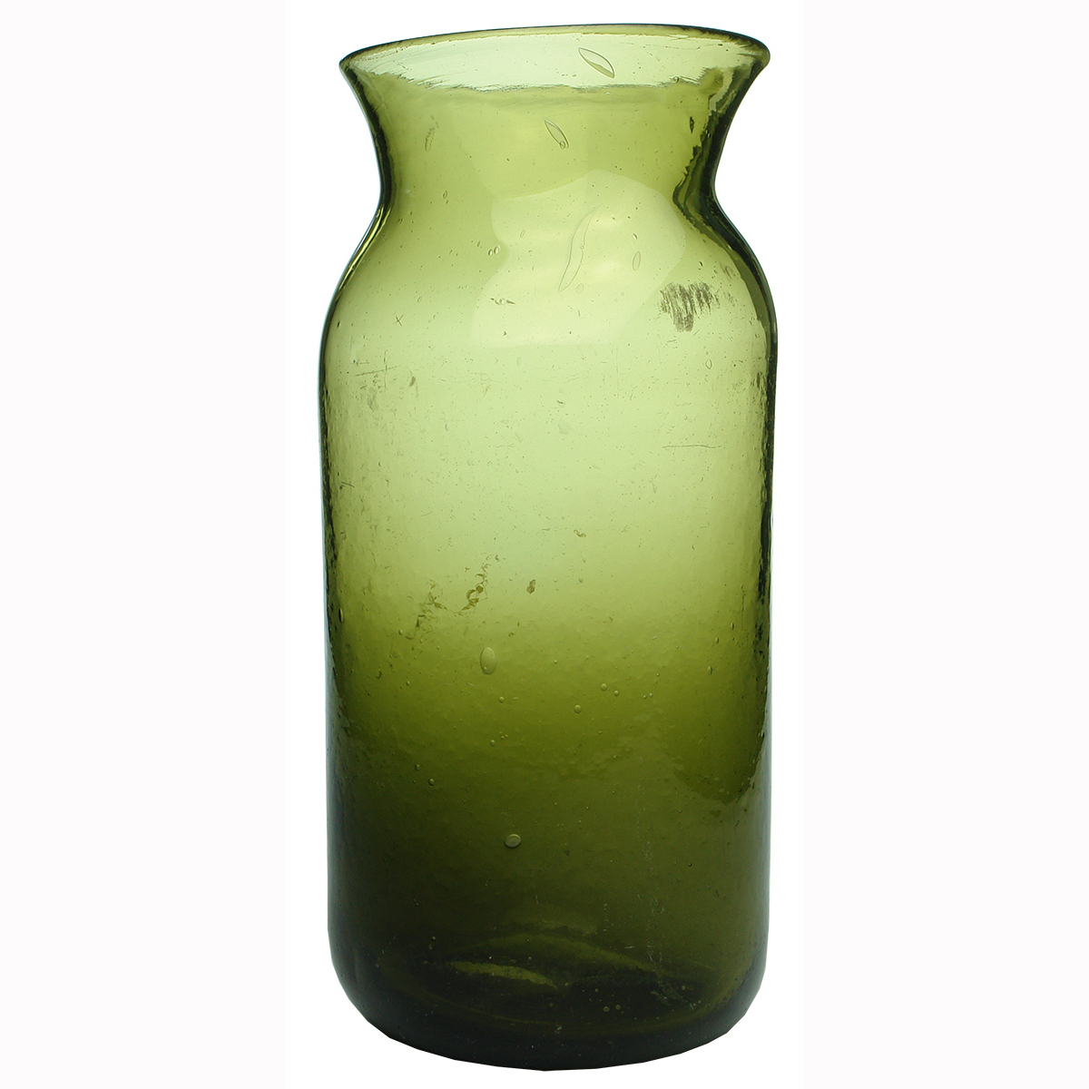 Black Glass. Wide mouth utility jar. Wide round pontil scar to base.