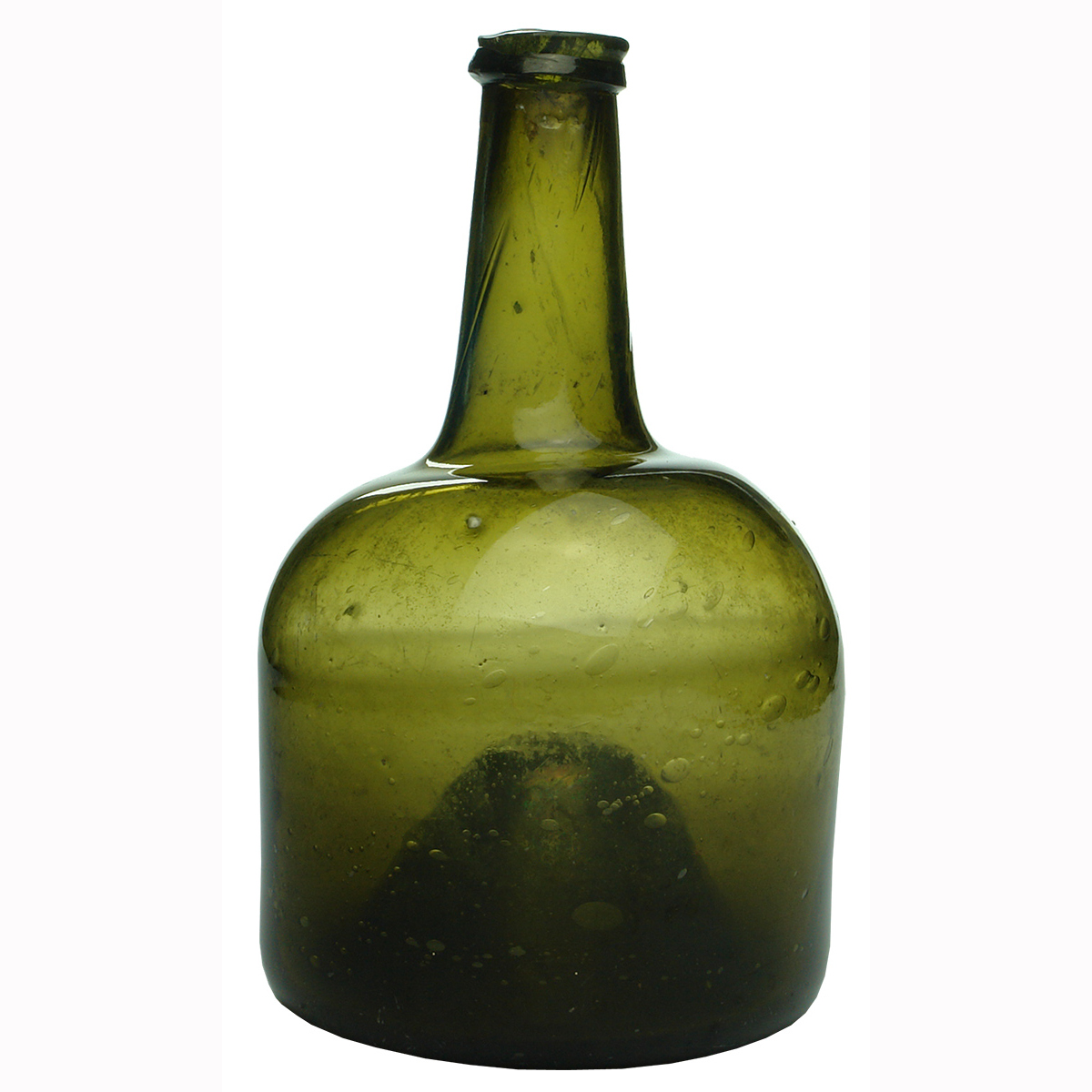 Black Glass. Straight sided Mallet wine bottle. Pontil scarred base.