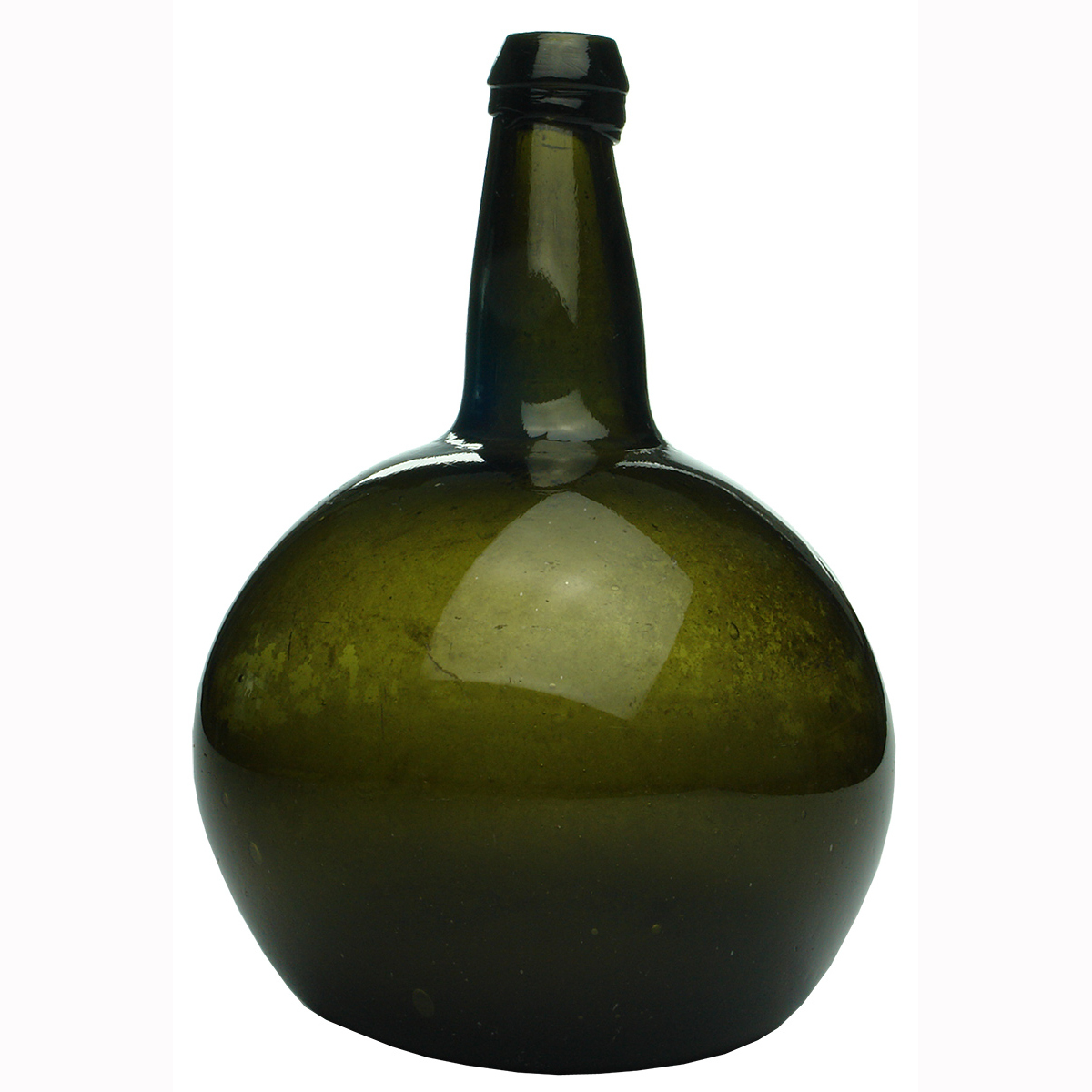 Black Glass. Globe shaped bottle. Round Pontil scar to base.