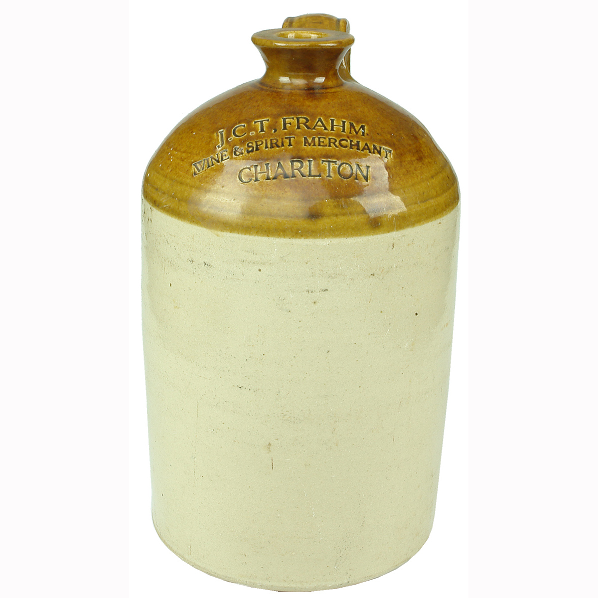 Demijohn. J. C. T. Frahm, Wine & Spirit Merchant, Charlton. Bendigo Pottery. 1 Gallon. (Victoria)