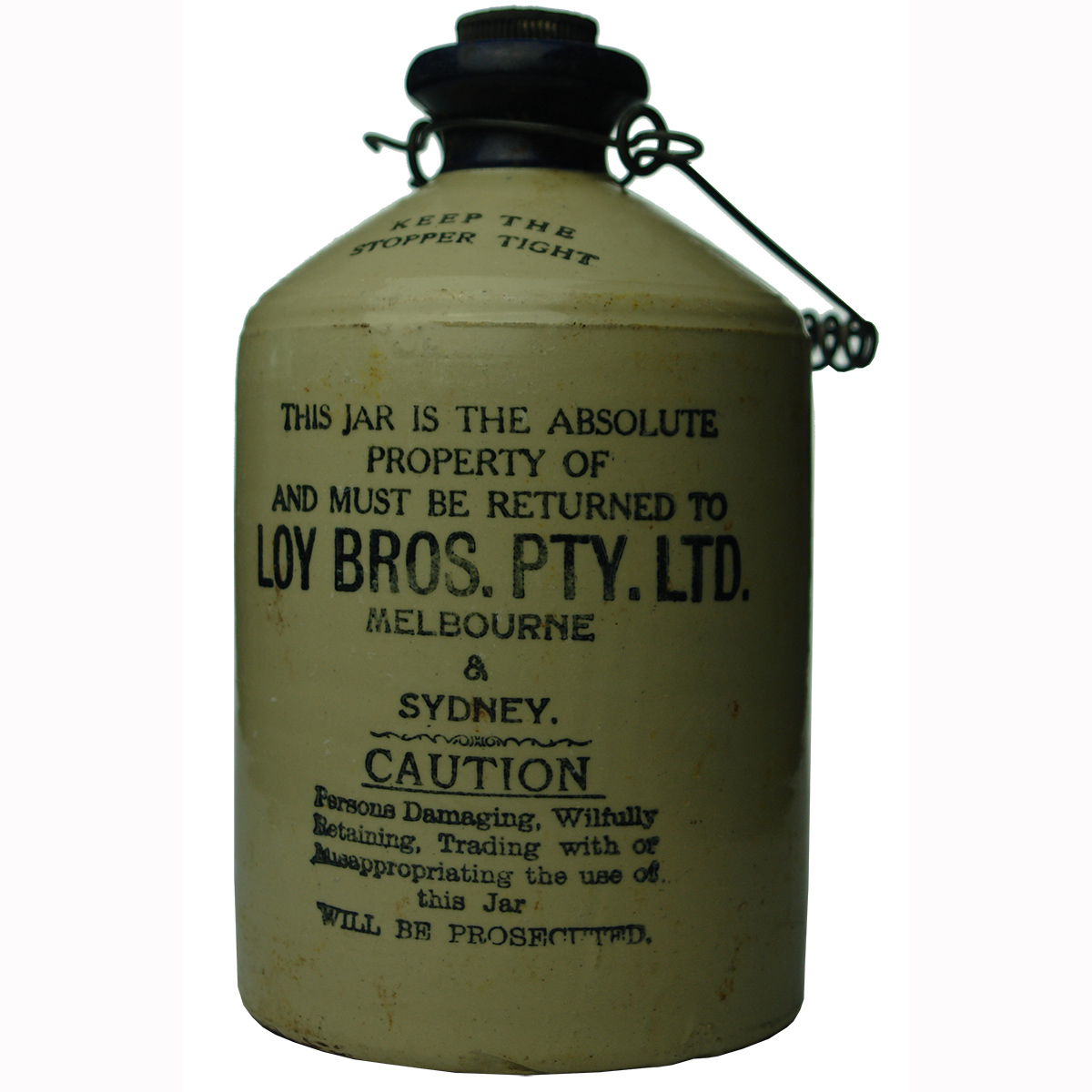 Demijohn. Loy Bros. Pty. Ltd. Melbourne & Sydney. Blue Lip. Half Gallon. (Victoria & New South Wales)