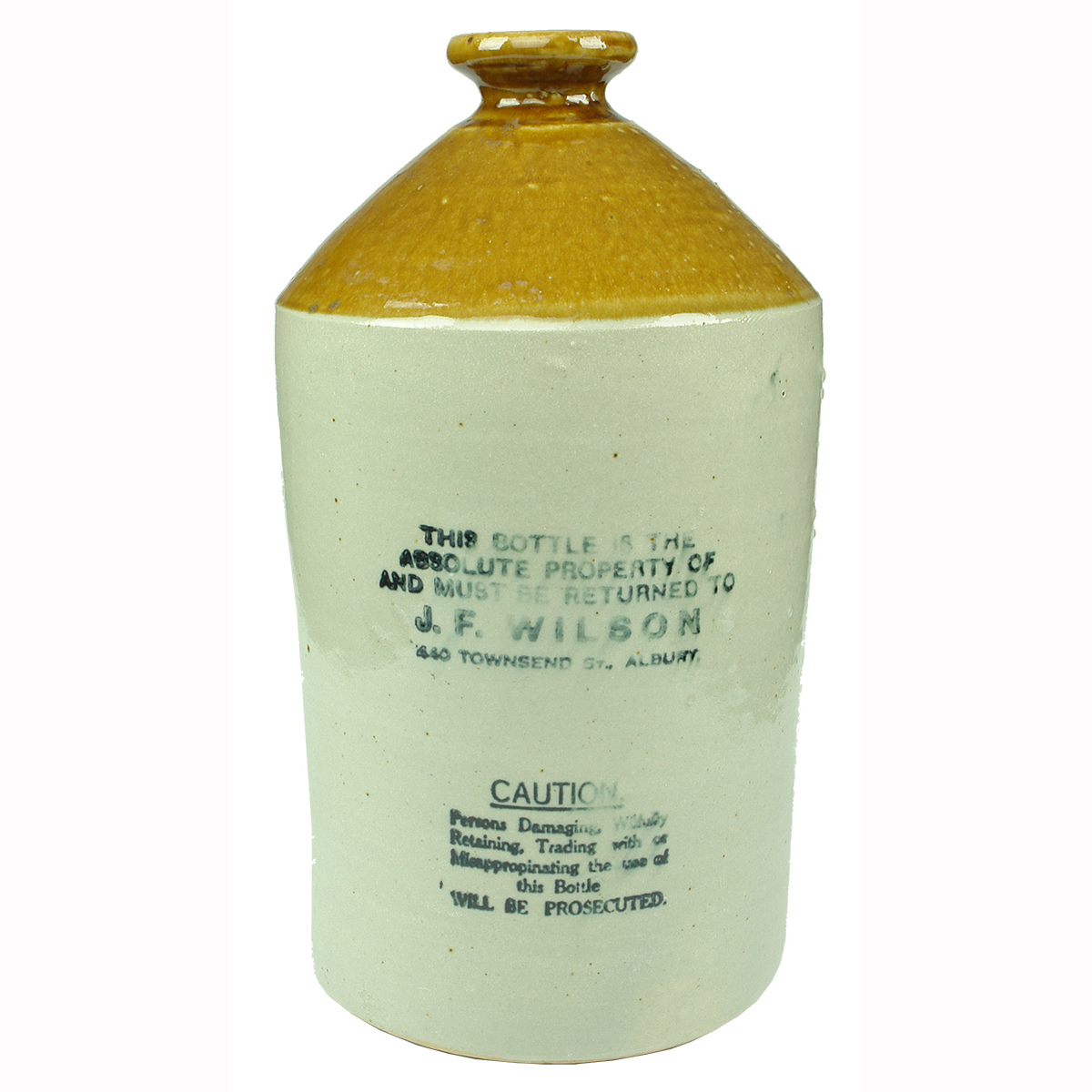 Demijohn. J. F. Wilson, Townsend St., Albury. Ginger Beer. One Gallon. (New South Wales)