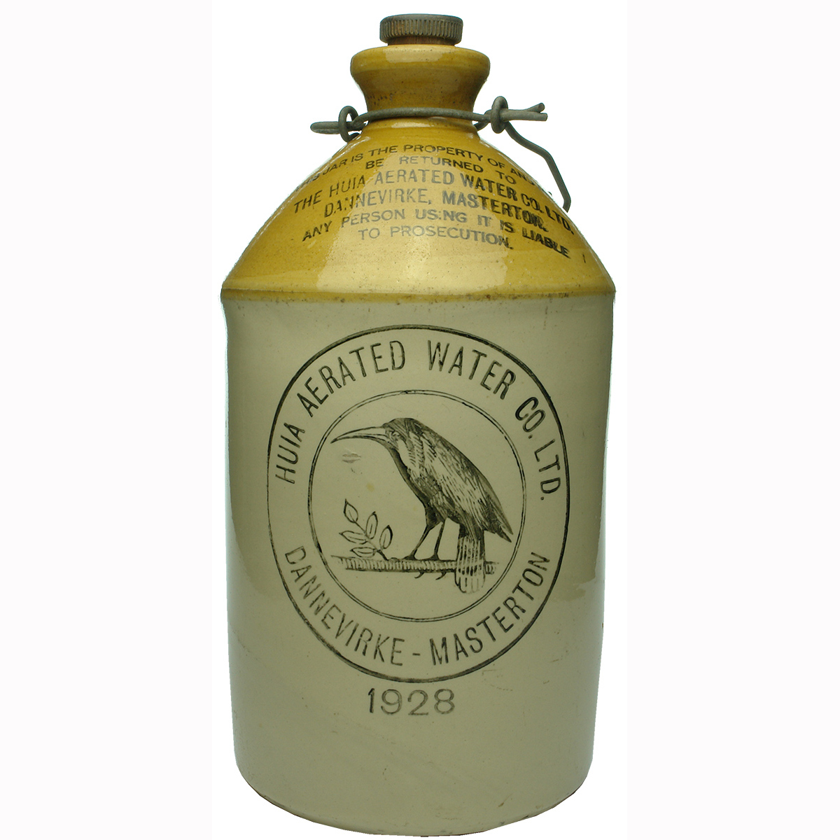 Demijohn. Huia Aerated Water Co Ltd. Dannevirke Masterton. One Gallon. 1928. (New Zealand)