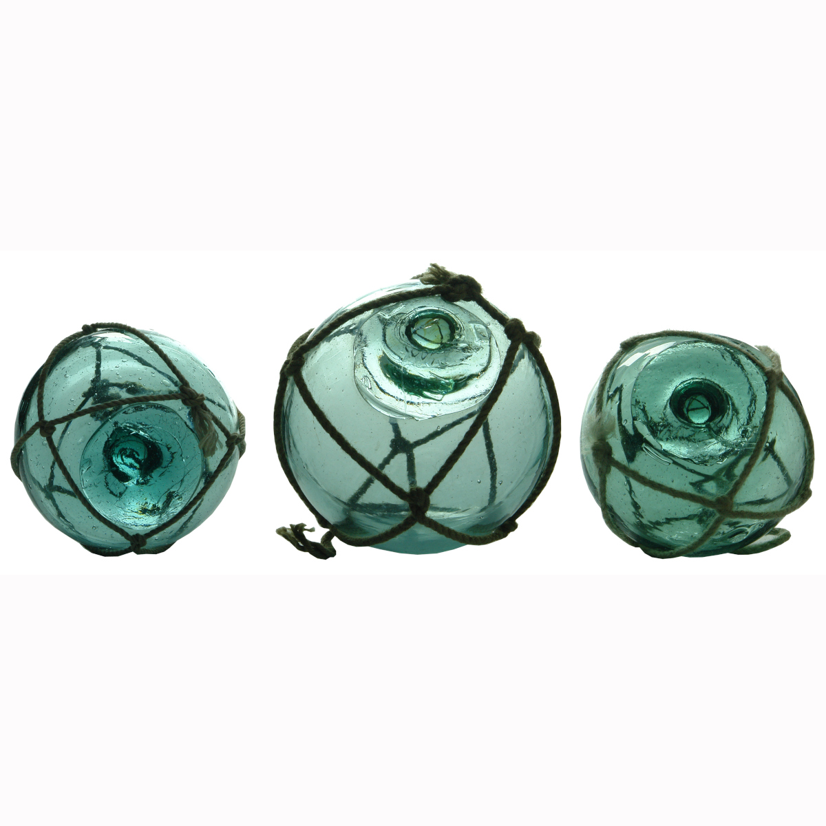 3 small round glass fishing floats.
