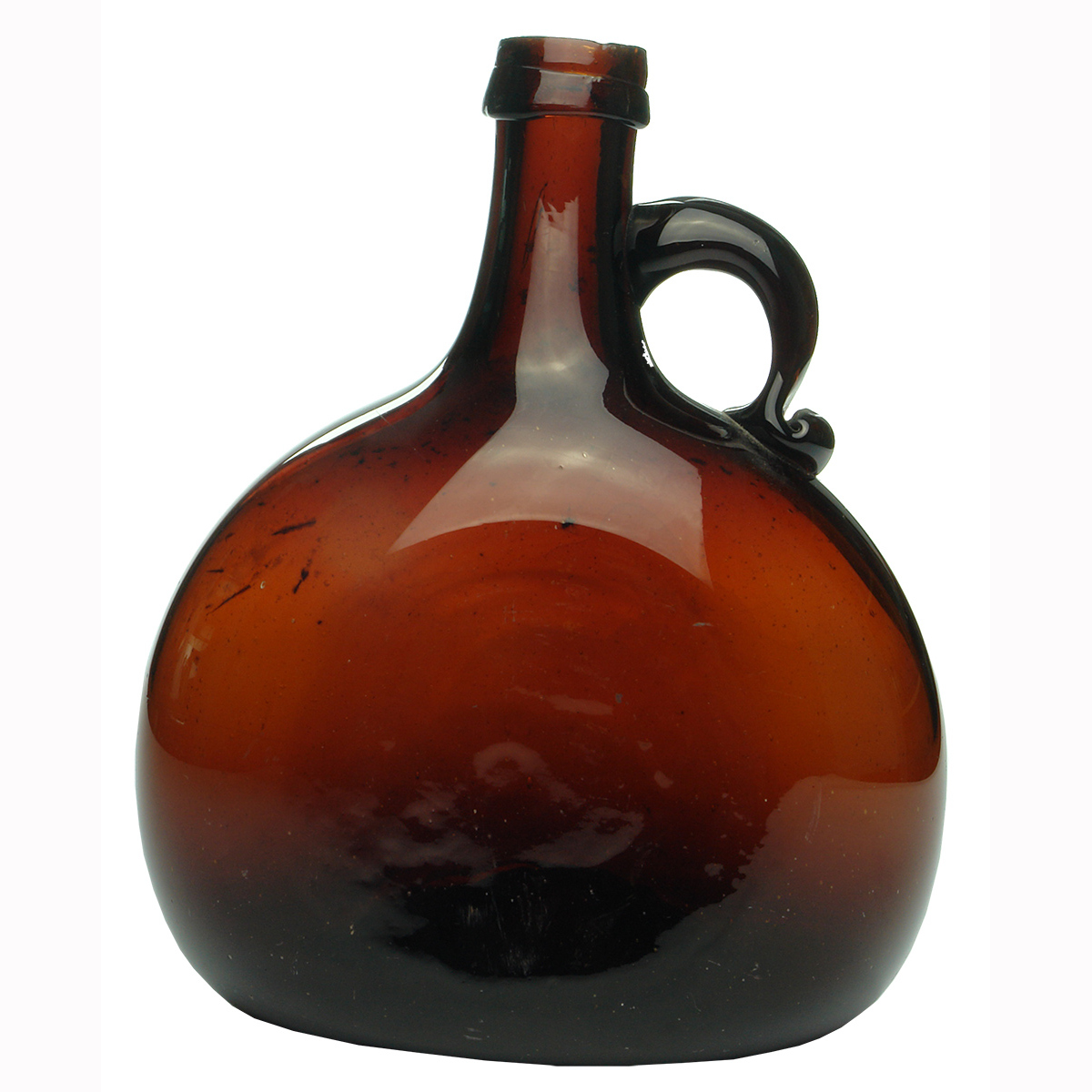 Wine. Chestnut shaped wine or spirit bottle. Applied handle. red Amber.