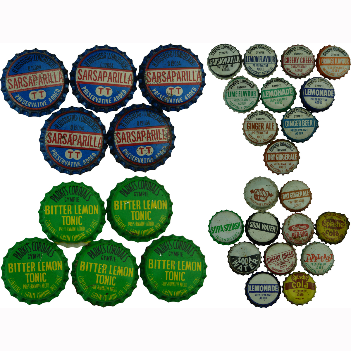 31 Crown Seal Caps: H. Rossberg, Longreach (Tristram logo); Parkes Cordials Gympie; Gympie Cordials; Jusfrute; and more. (Queensland)