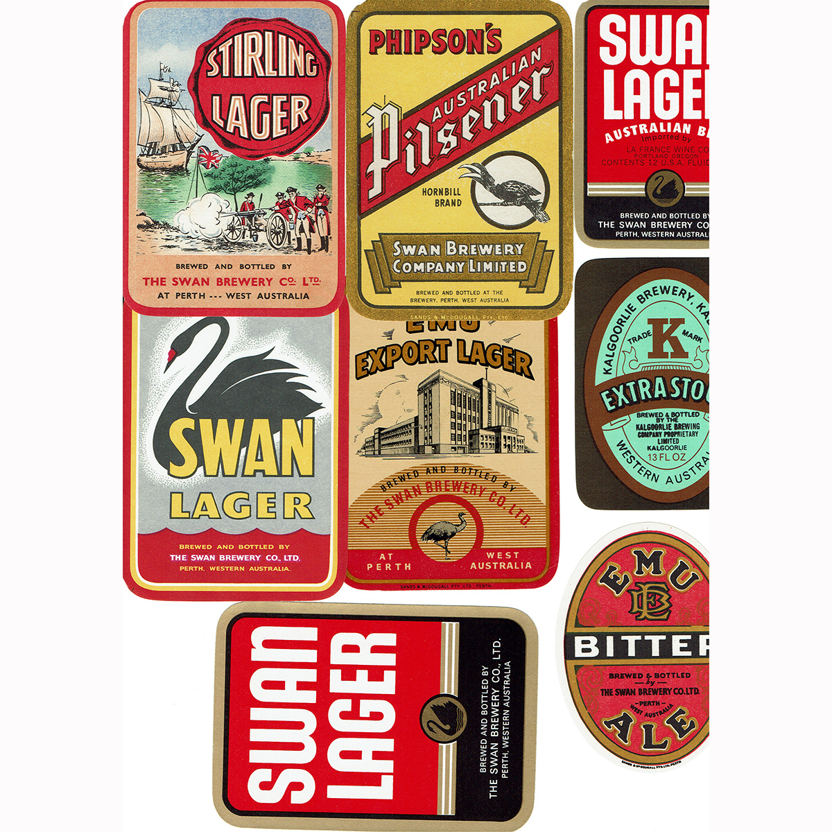 8 WA Beer Labels: Kalgoorlie Brewery; Emu; Swan Lager; Stirling. (Western Australia)
