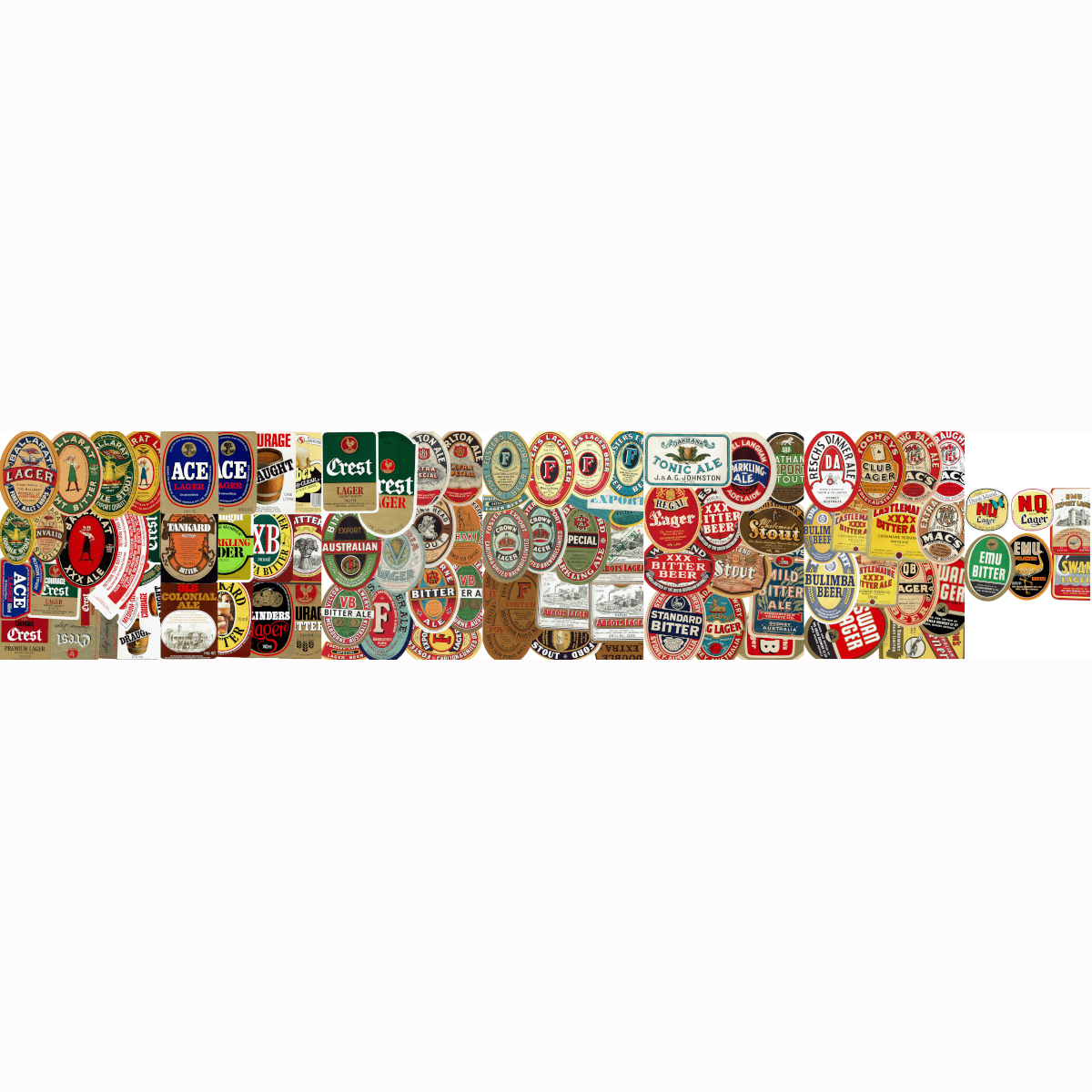 97 Australian Beer Labels: Fosters; Abbotsford; Carlton & United; Swan Brewery; Cairns Brewery; Castlemaine Perkins; Southwark; Ballarat and more.