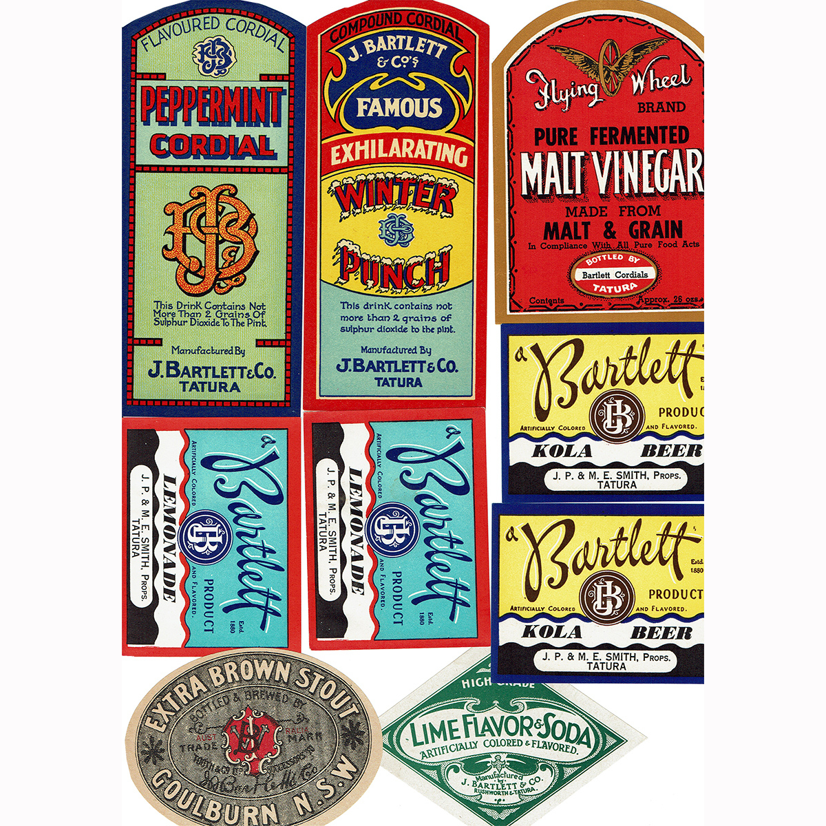 8 Vintage Labels: J. Bartlett & Co; Flying Wheel Malt Vinegar; Goulburn Brewery etc.