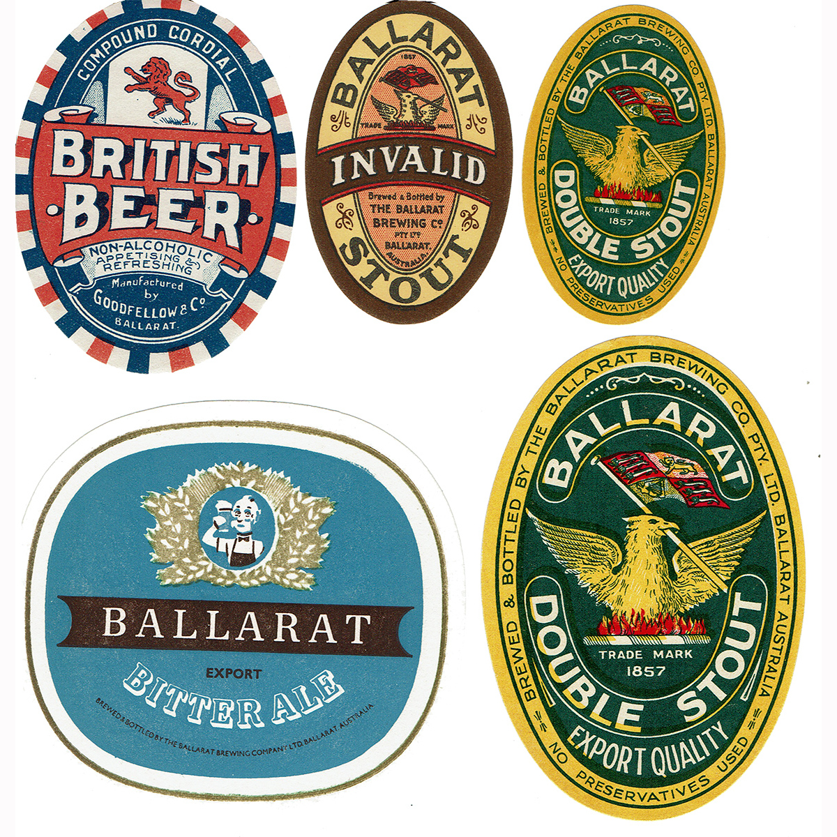 5 Beer labels. Ballarat Brewing Co; Goodfellow & Co. (Victoria)