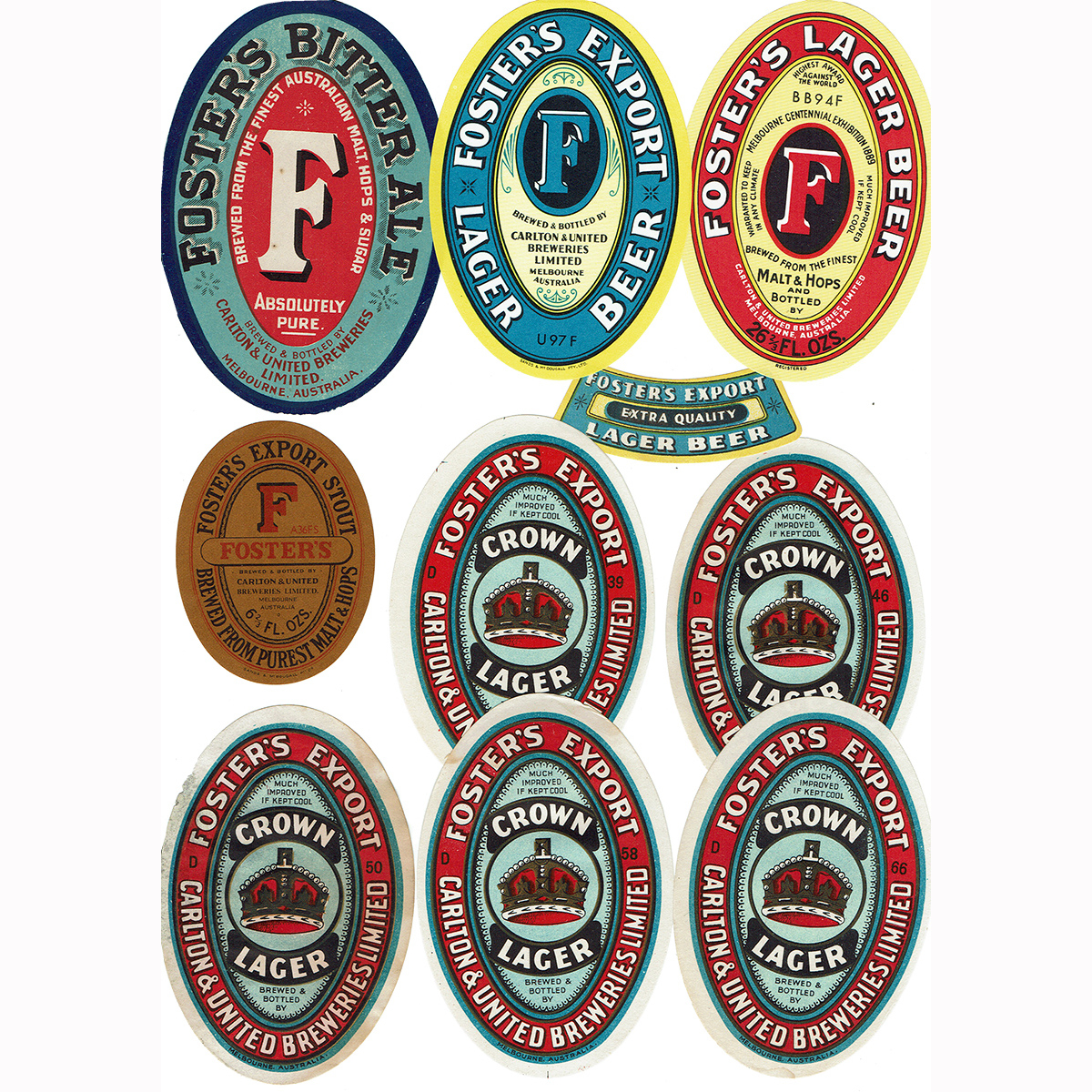 9 Fosters, Carlton & United Breweries Labels. (Victoria)