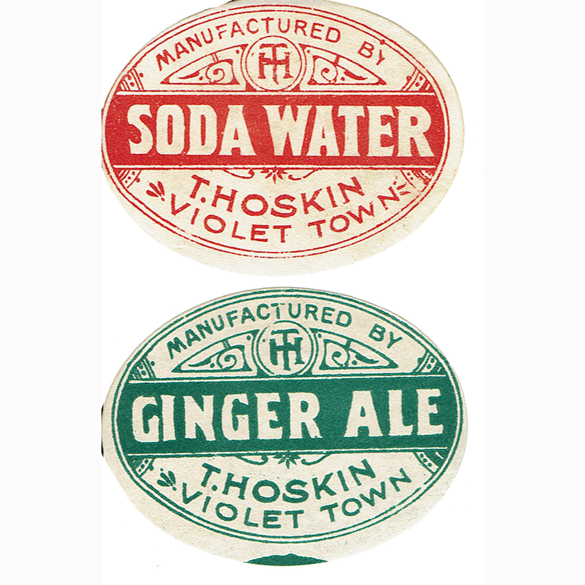 2 Unused labels from Hoskin, Violet Town. Soda Water & Ginger Ale. (Victoria)