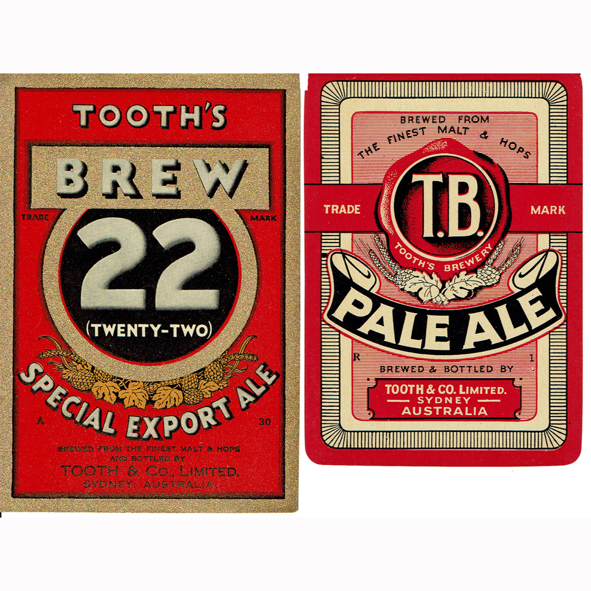 2 Beer Labels. Tooths TB Pale Ale; Tooths Brew 22 Special Export Ale. (New South Wales)