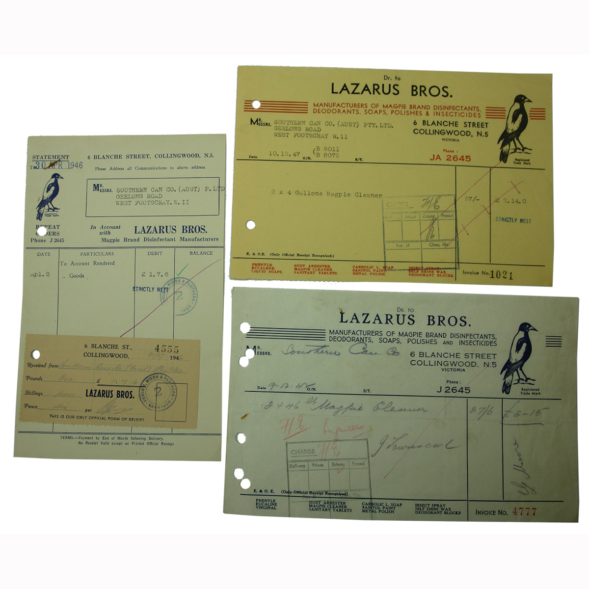 Ephemera. Lazarus Bros Magpie Brand Collingwood Invoices. (Victoria)